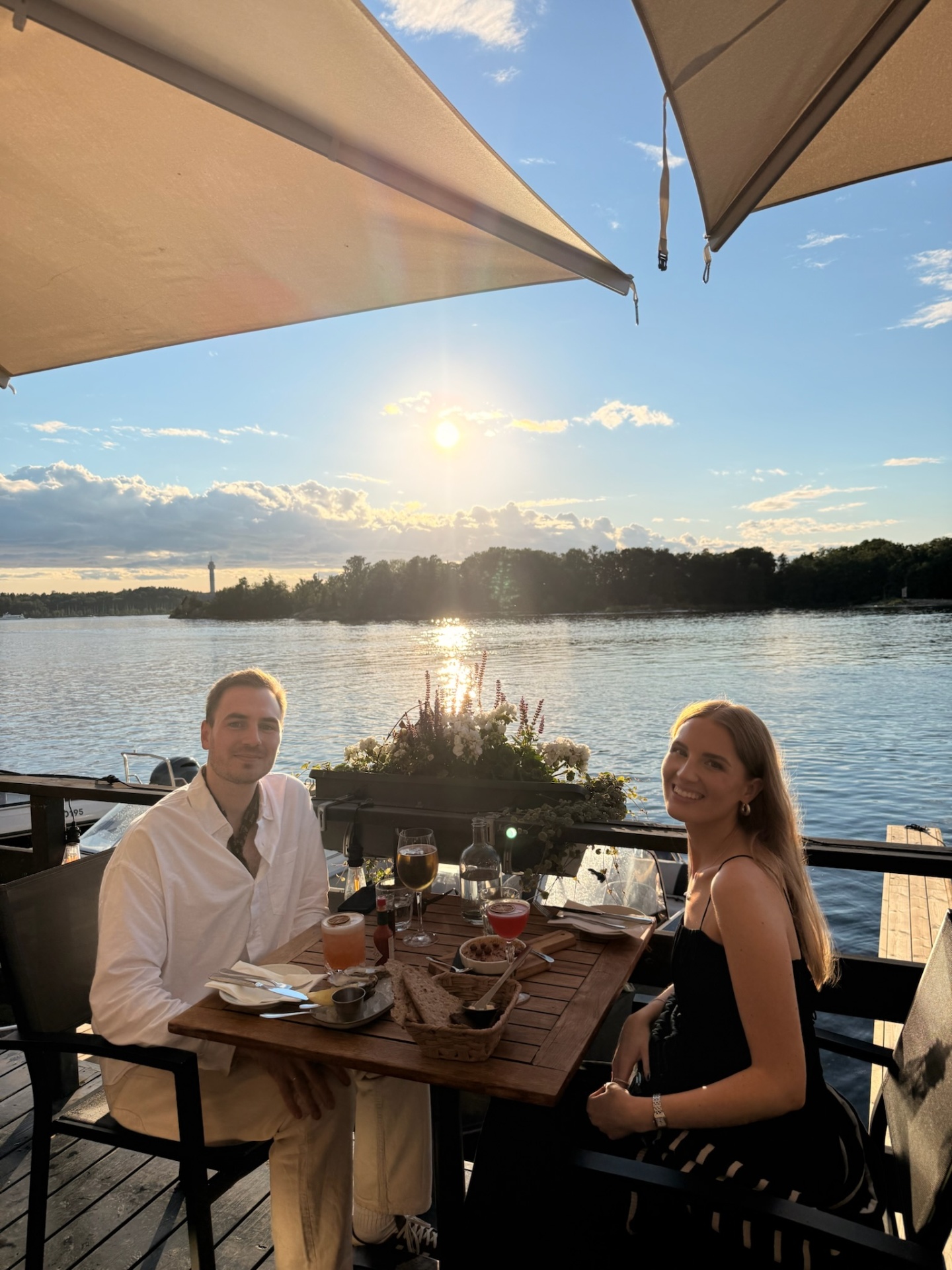Sunset dinner at a waterside restaurant in Stockholm