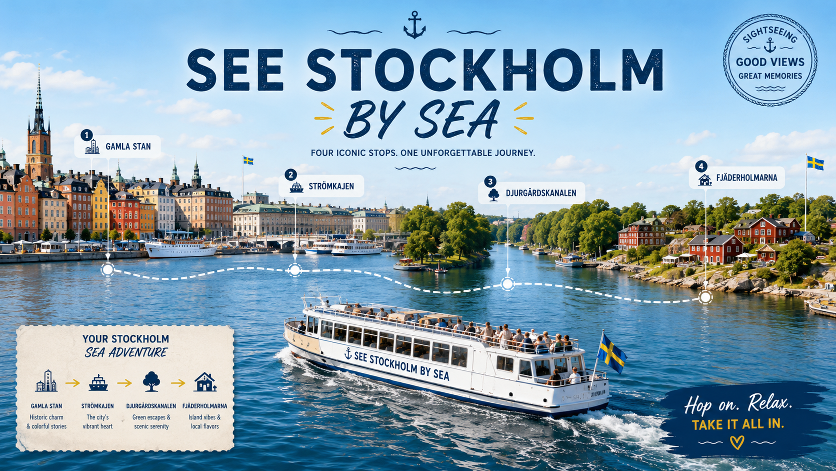 Standard route map: Gamla Stan, Strömkajen, Djurgårdskanalen, Fjäderholmarna